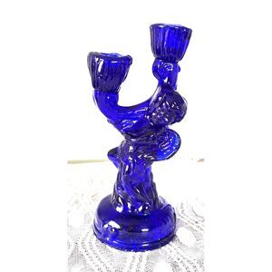 VTG Cobalt Blue Glass Cherub Double Candlestick Hand Signed Figural Holder Art
